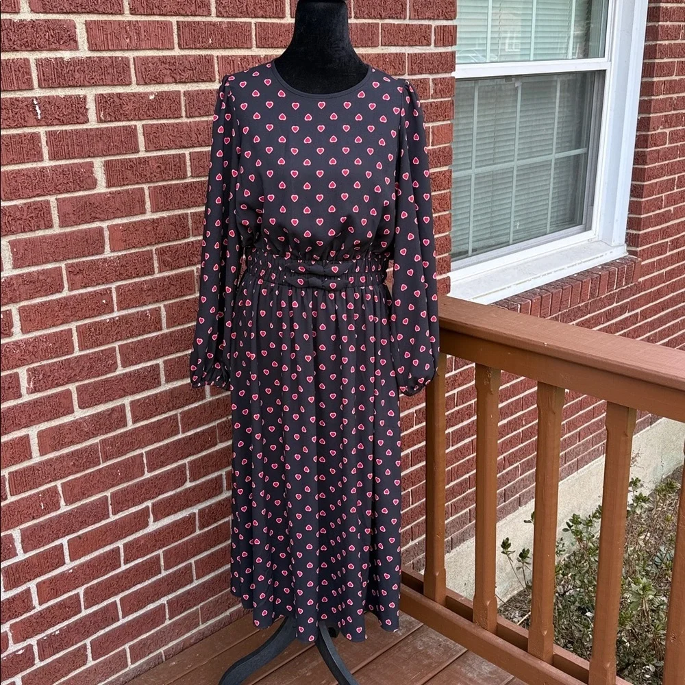 Kate Spade New York Black Red Heart Print Midi Dress Size S NWT